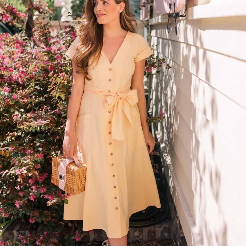 Gal Meets Glam Butter Yellow Vanessa Linen Blend Dress Size 18‎